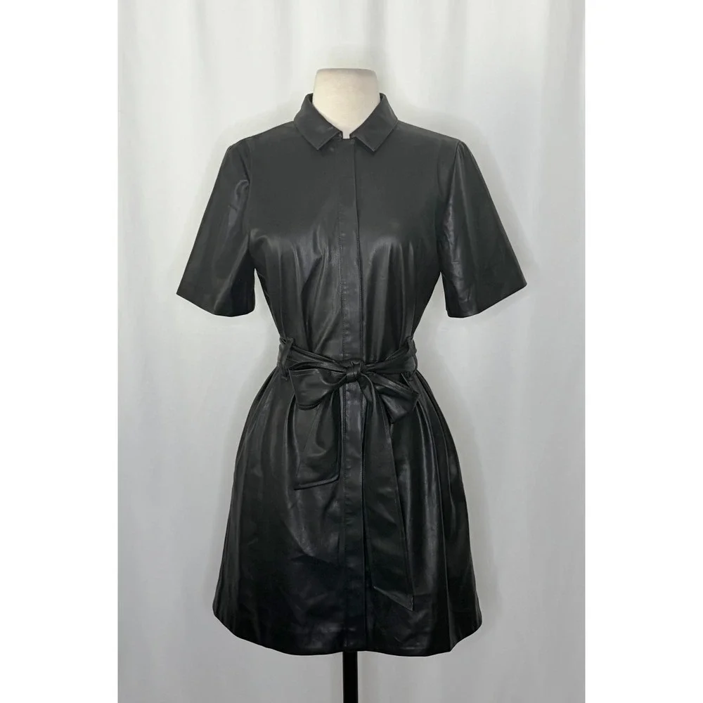 NWT!! J.‎ CREW Solid Black Button Front Faux Leather Dress Belted Vegan Small